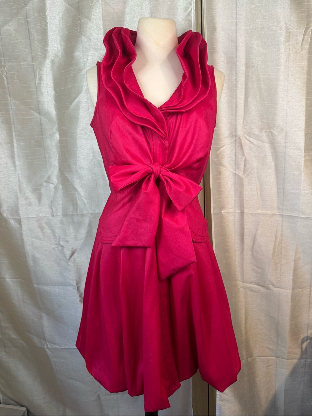 Elegant hot pink Ruffle Collar Tie-Waist Dress